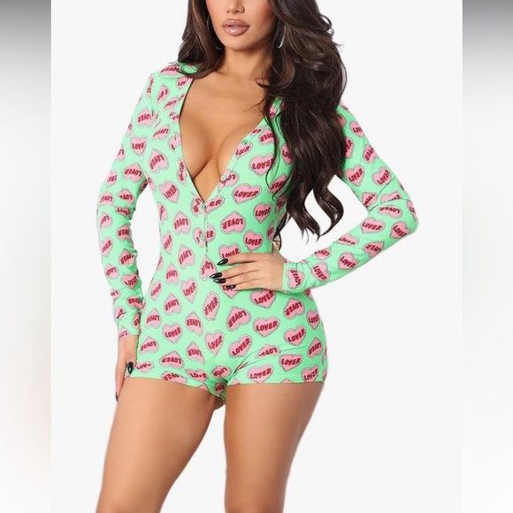 Other - Green Heart Candy Print Long Sleeve Romper Sexy Lounge One Piece Bodycon